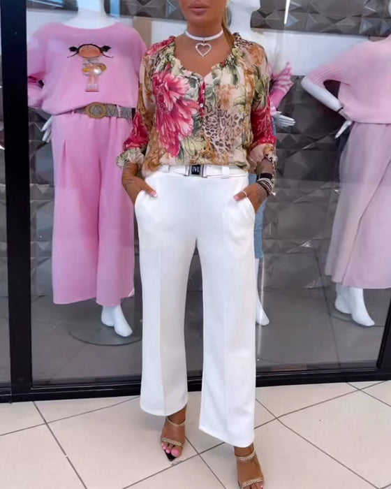 Bluse Med V-Hals Blomstertrykk