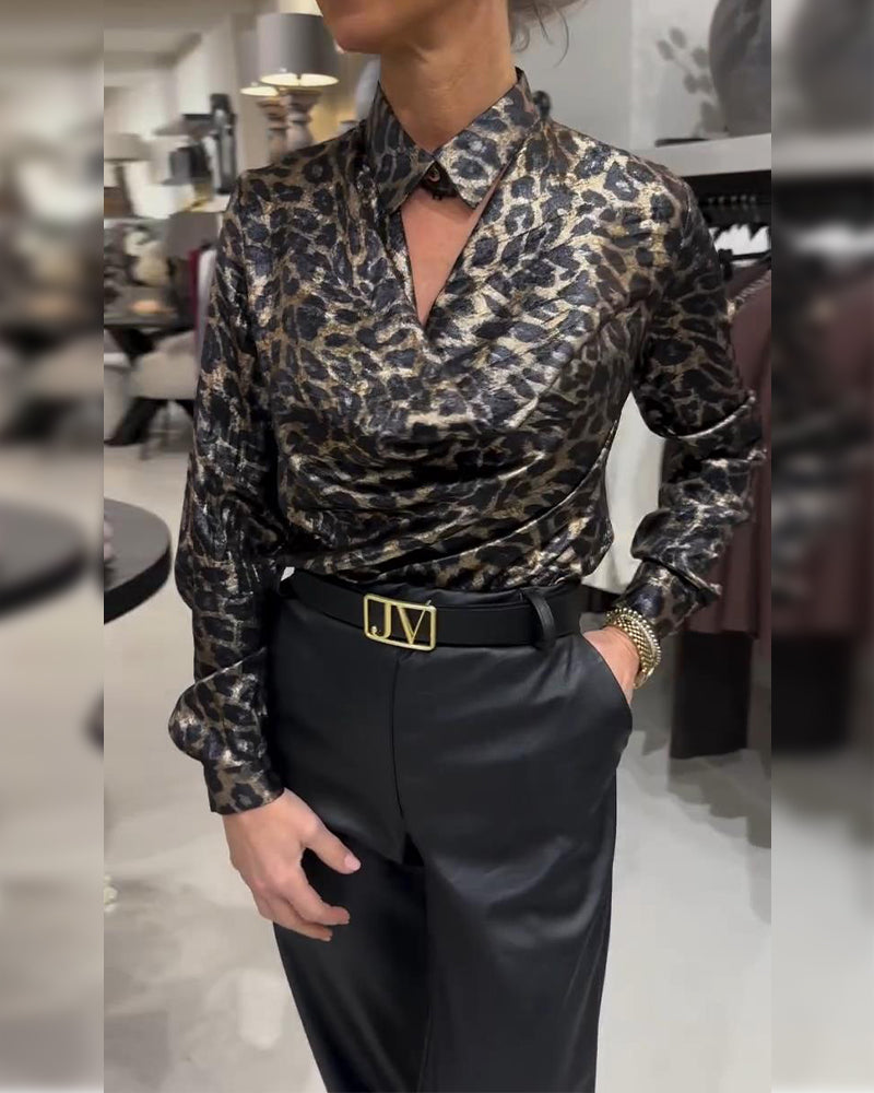 Skjorte Stilfull Leopardtrykk Med Drapert Krage