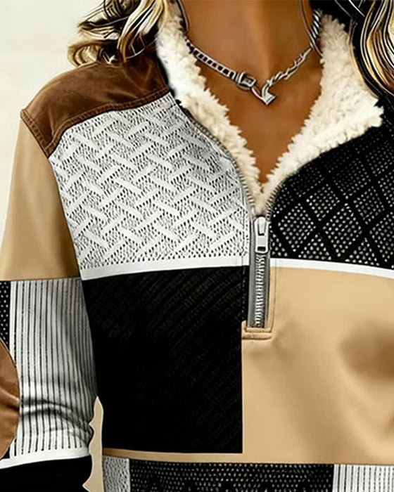 Sweatshirt Halv Glidelås Fôret Fargeblokk