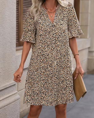 Kjole Leopard Trykk Blomst V-hals Rynkete Erm