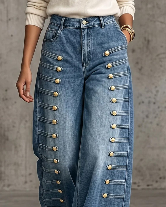 Bukser Knapp Lomme Bredbent Denim Lang