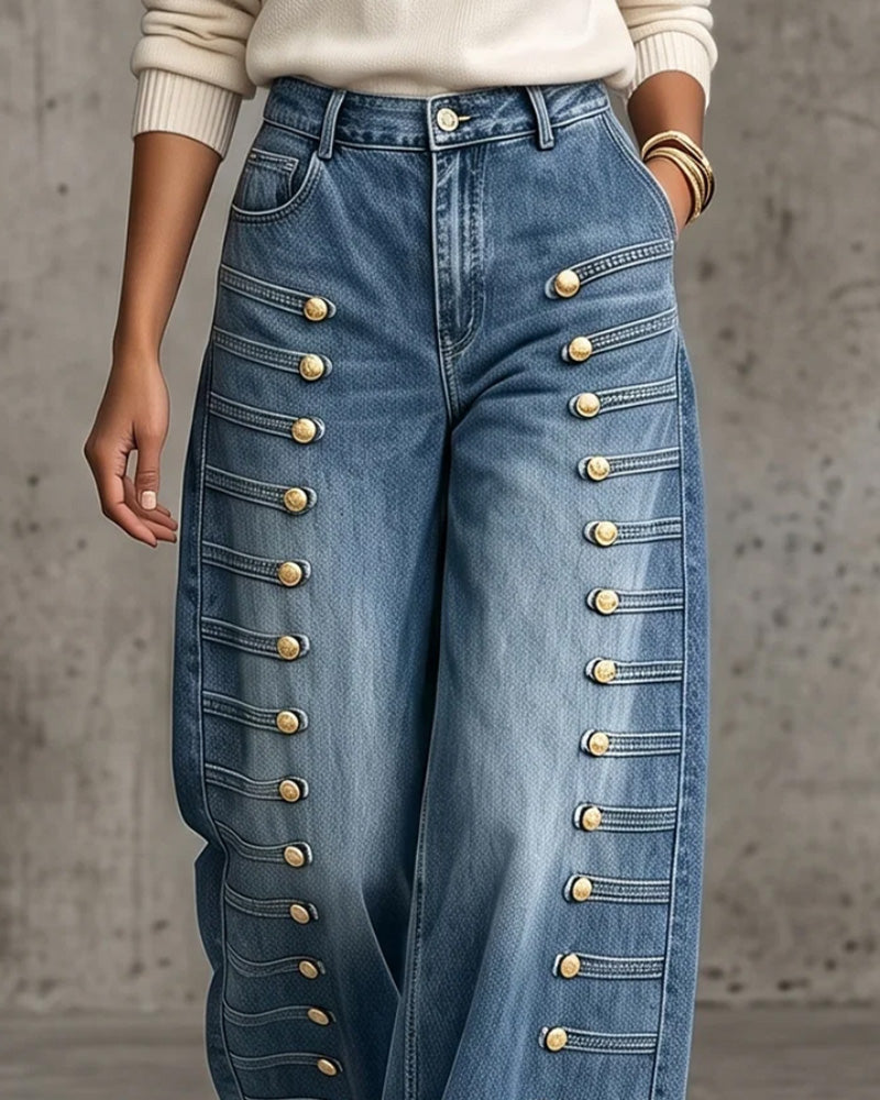 Bukser Knapp Lomme Bredbent Denim Lang