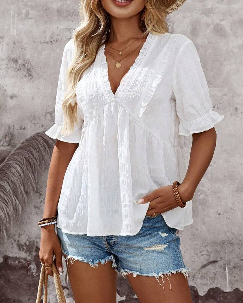 Bluse V-Utringning Rysje Ensfarget Babydoll