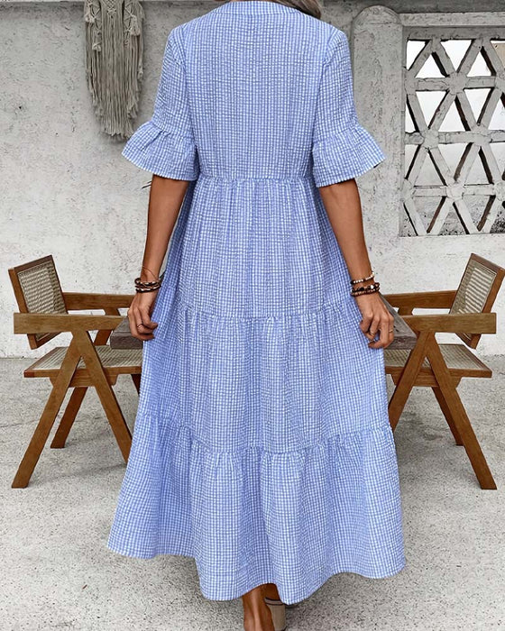 Kjole Blå Hvit Gingham V-Hals