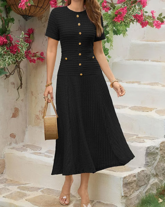 Kjole Rund Hals Slim Fit Knapp Patchwork