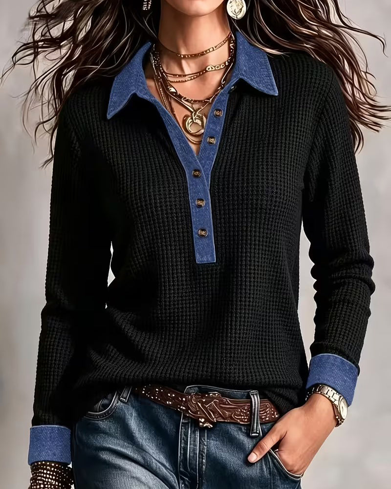 Bluse Avslappet Denim Krage Panel Lang Erme