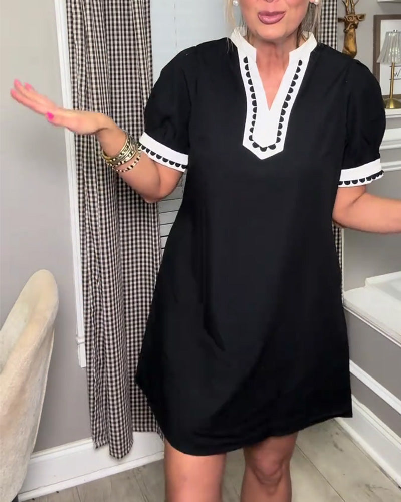 Kjole Boble Erme Fargeblokk V-Hals