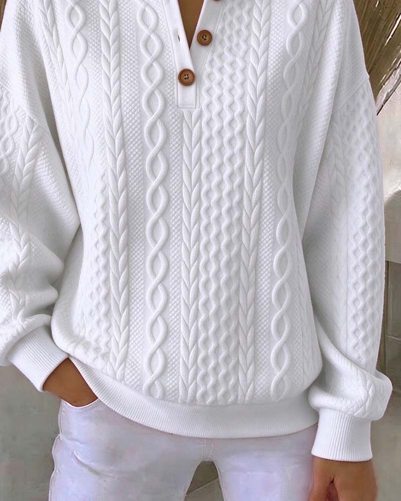 Sweatshirt V-Hals Knappet Flette Ensfarget