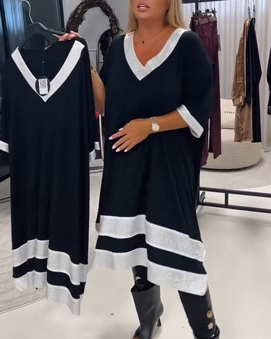 Kjole V-Hals Kortsermet Fargeblokk Loose Fit