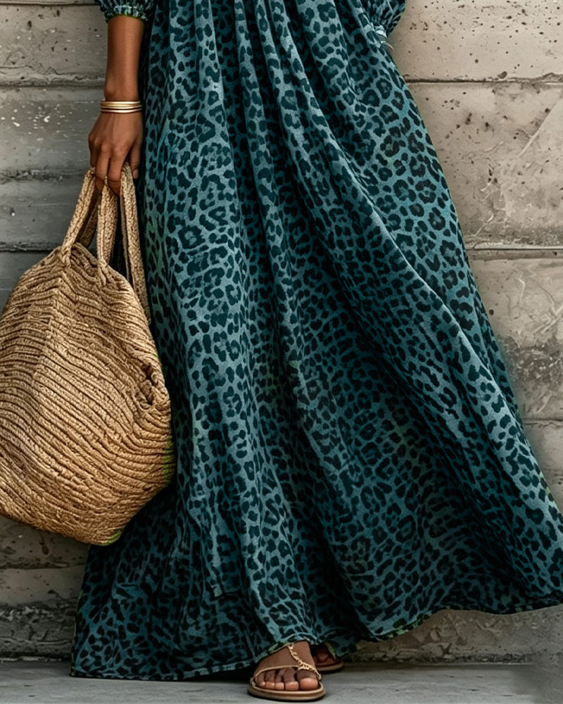 Kjole Leopard Trykk V-Hals Puff Erme