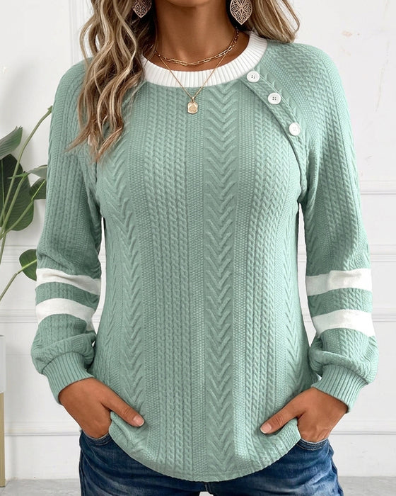Sweatshirt Rund Hals Knapp Stripet Jacquard