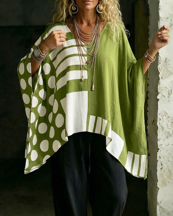 Bluse Polka Dot Stripe Patchwork V Hals