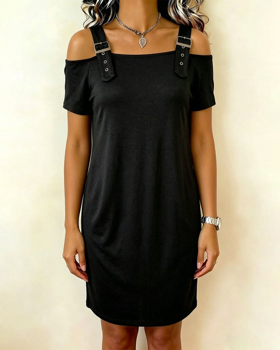 Kjole Metallring Off-Shoulder Ensfarget Kortsermet