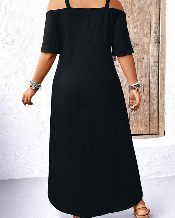 Kjole Ensfarget V-Utringning Off-Shoulder Lang