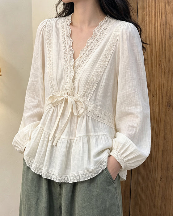 Bluse V-Hals Boble Erme Blonder Patchwork Utstilt