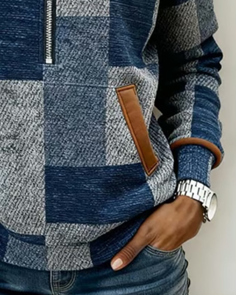 Stilig Hettegenser Med Halv Glidelås Og Fargeblokker