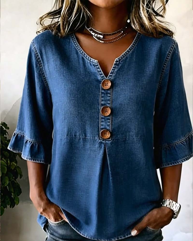 Bluse V-utringning Utsvinget Erm Denim