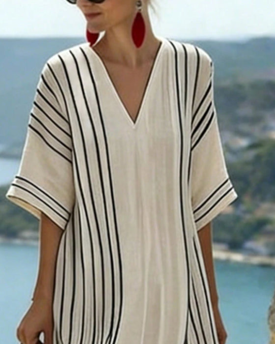 Kjole Off White Svart Stripe V Hals
