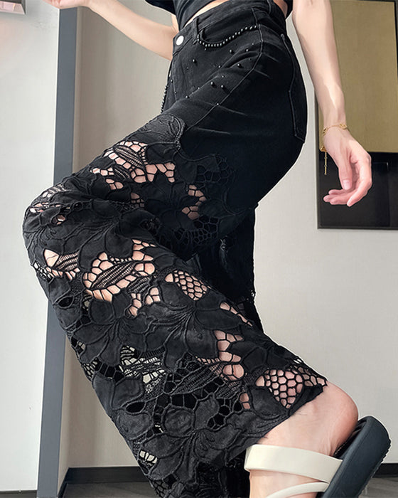 Jeans Dame Rhinestone Utklipp Bred Bein