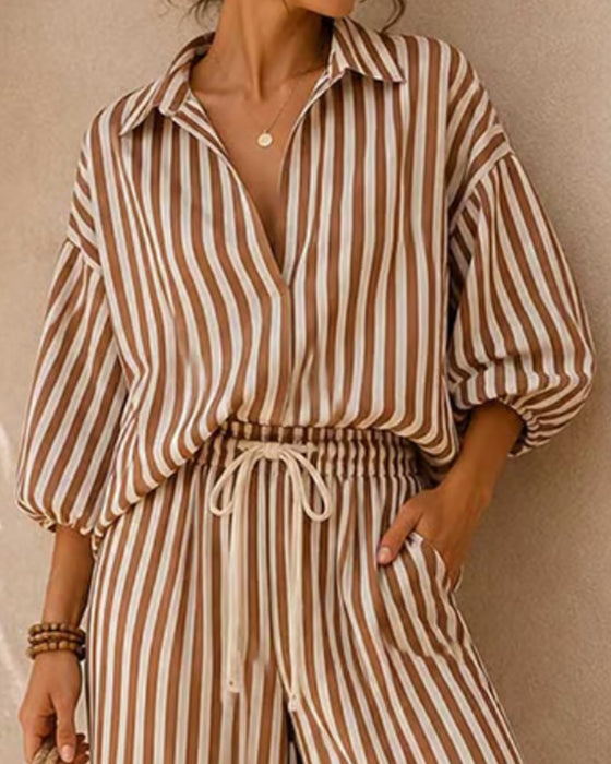 Set Skjorte Krage Stripe Bred Ben Lanterne Erme
