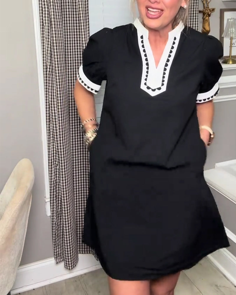 Kjole Boble Erme Fargeblokk V-Hals