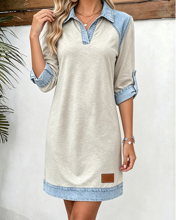 Kjole Denim Patchwork Polo Krage Lang Erme