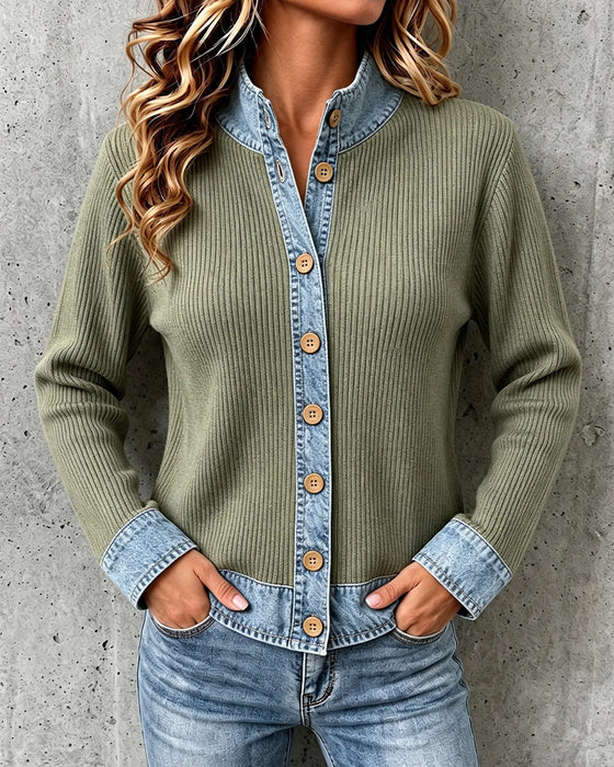 Frakk Avslappet Denim Panel Strikket