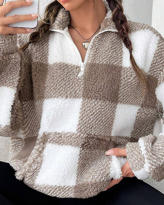 Sweatshirt Halv-Zip Ståkrage Rutemønster