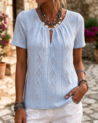 Bluse Med Rombemønster Jacquard, Korte Ermer