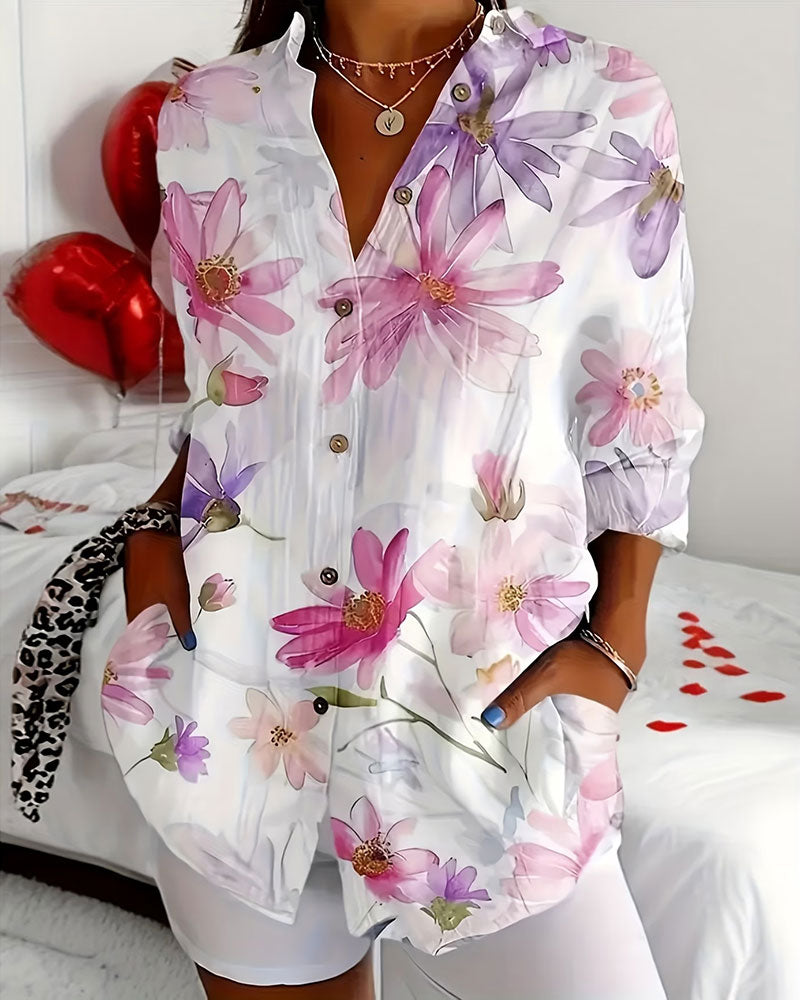 Skjorte Lang Erme Blomstret Trykk