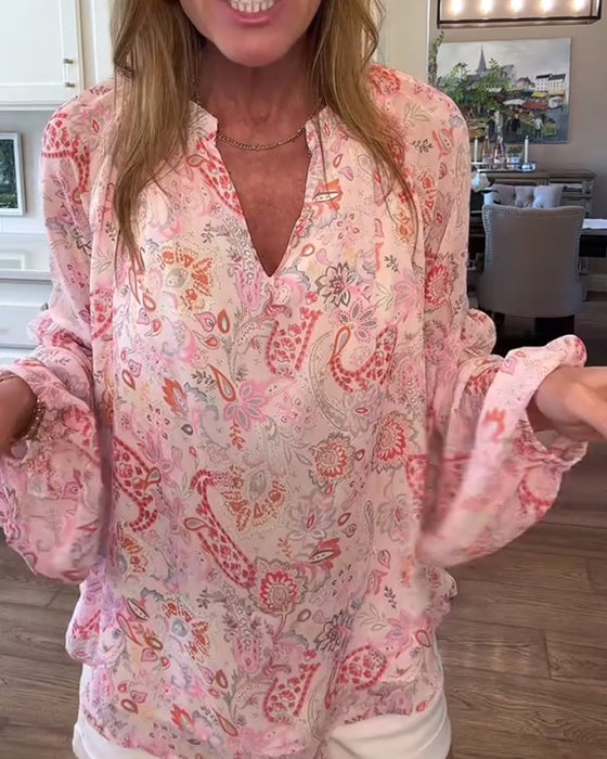 Bluse Med Ballongermer Og Blomstermønster