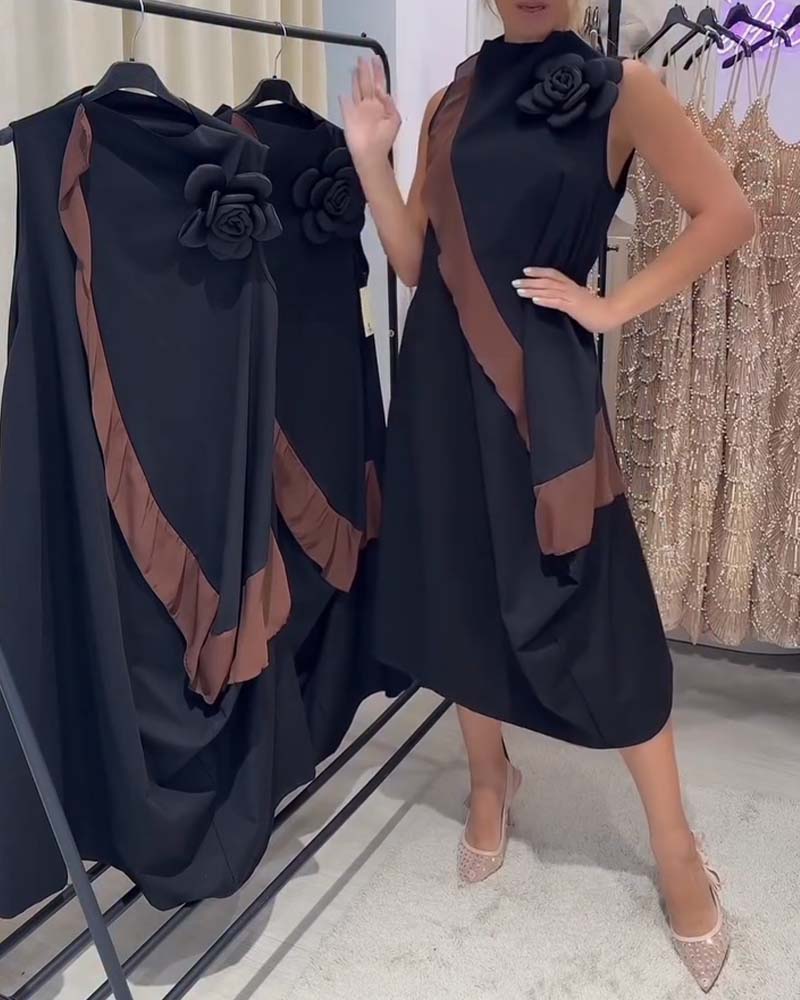 Kjole Tredimensjonal Blomstblad Nøkkeroseblad Fargekontrast Ermløs