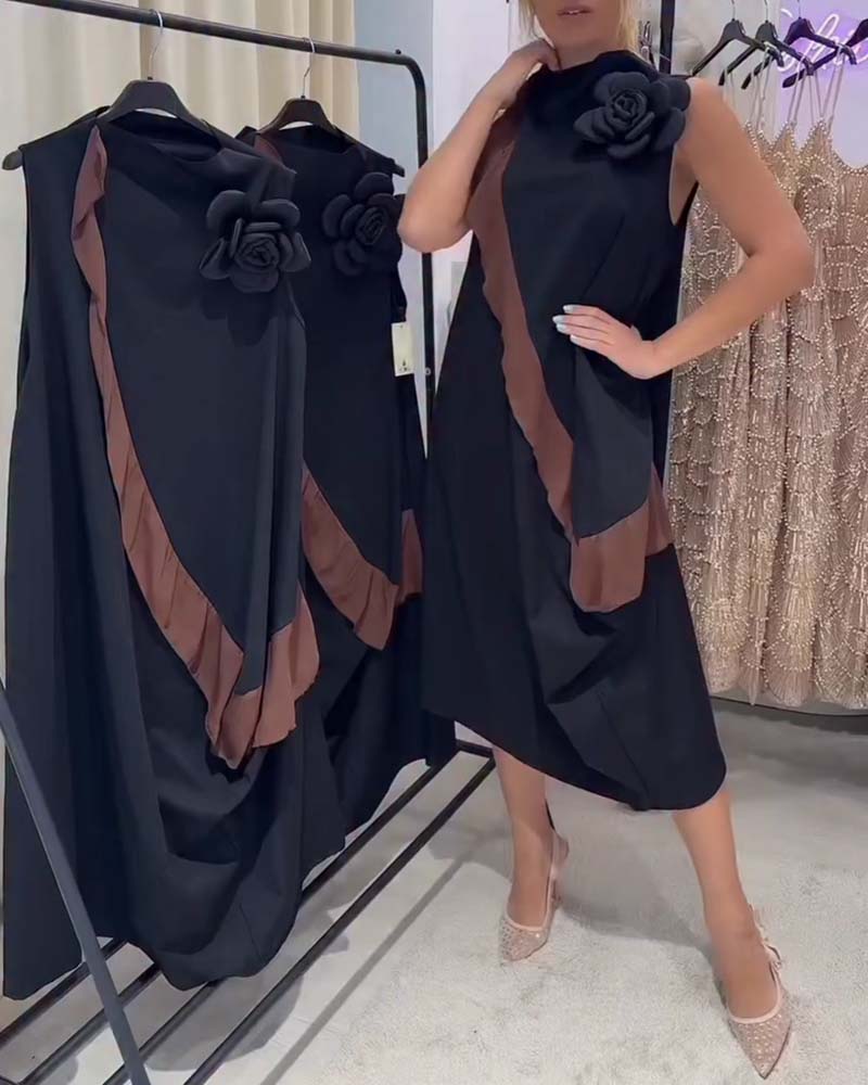 Kjole Tredimensjonal Blomstblad Nøkkeroseblad Fargekontrast Ermløs