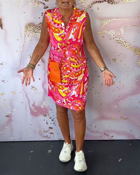 Printet ermeløs elegant kjole med V-hals