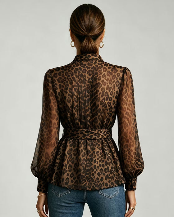 Bluse Leopard Trykk Ståkrage Puff Erme Knyting