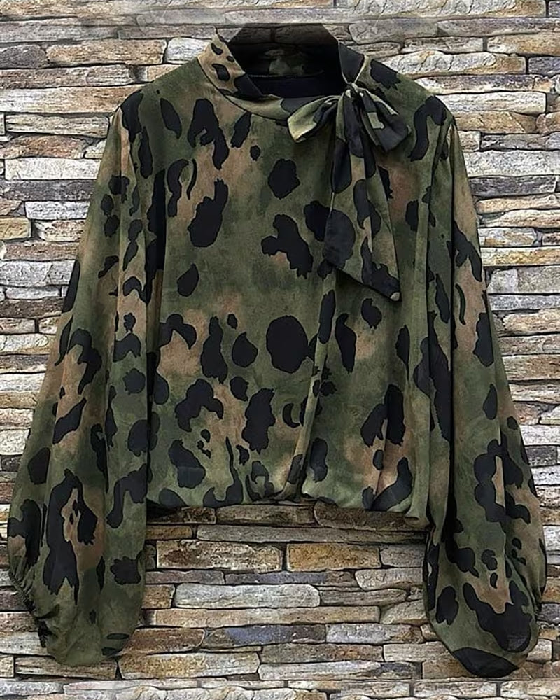 Bluse Kamuflasje Leopard Trykk Skjerf Knyte Puffererme