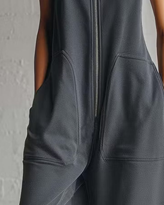 Ensfarget Jumpsuit Med Hette Og Lomme