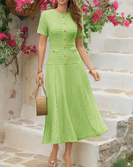 Kjole Rund Hals Slim Fit Knapp Patchwork