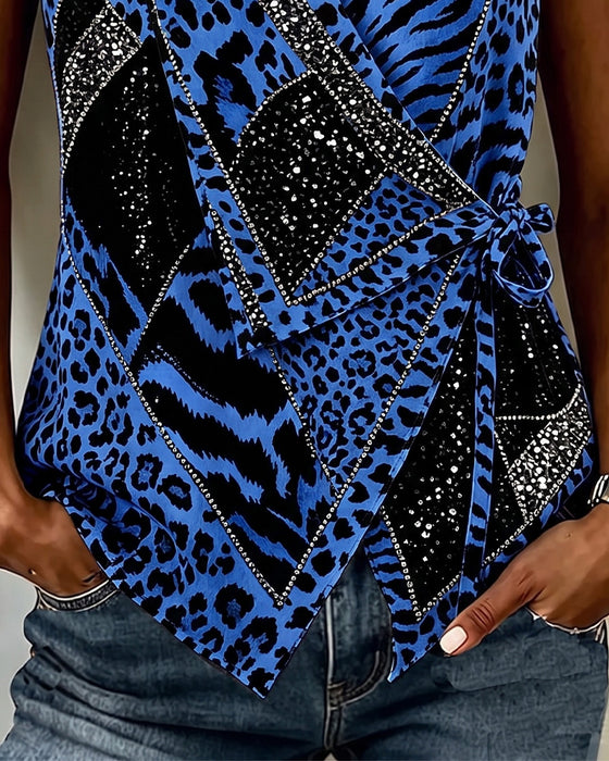 Bluse Leopardtrykk Knytebånd Foran Ermeløs