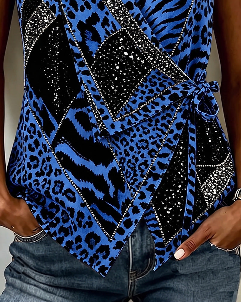 Bluse Leopardtrykk Knytebånd Foran Ermeløs