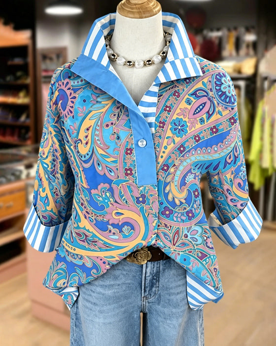 Bluse Patchwork Blomstrende Trykk Casual