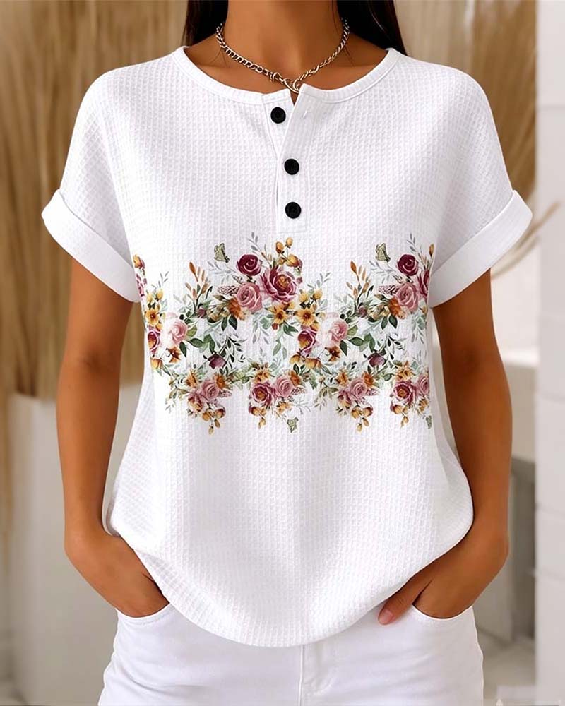 T-Shirt Rund Hals Knapp Vaffel