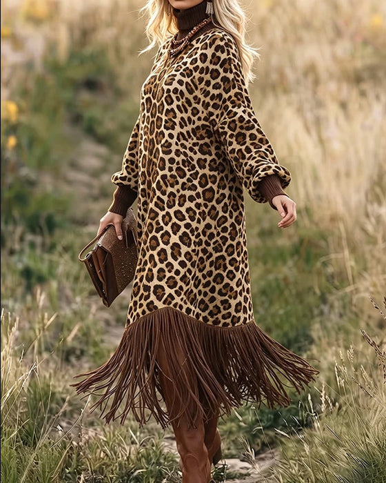 Kjole Leopard Trykk Frynselykt Ermer