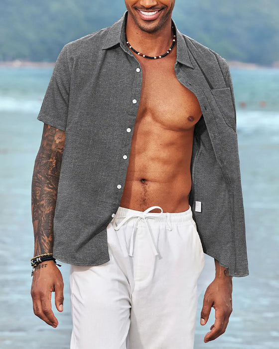 Skjorte Herre Lin Kort Erme Knapping Skjorte, Casual Sommer Strandkjole