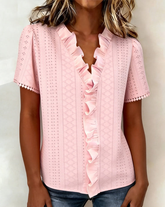 Bluse Rysje V-Utringning Kortsermet Utskjæring