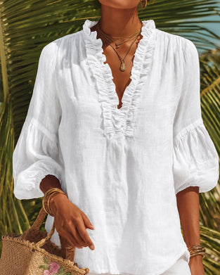 Bluse Ruffle Kant Puffererme V-Hals