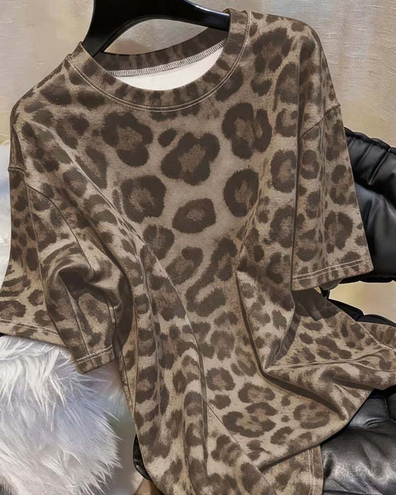 T-skjorte Rundhals Leopardmønster Slim-Fit Kort Erme