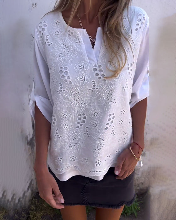 Bluse Ensfarget Patchwork Trykket Oppbrettbar Erme