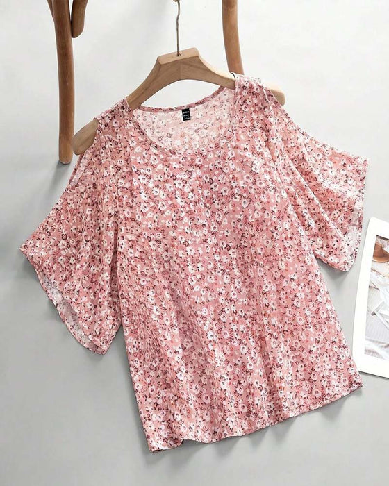 Bluse V-Hals Blomstrende Off-Shoulder Flutter Erme