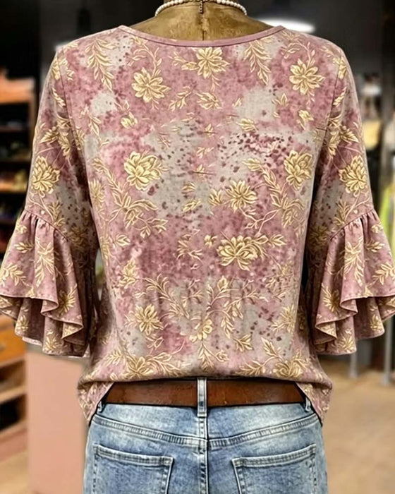 Bluse Retro Trykk Løs Rysj